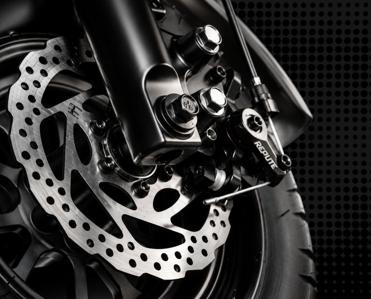 Front and rear dual disc brakes close-up